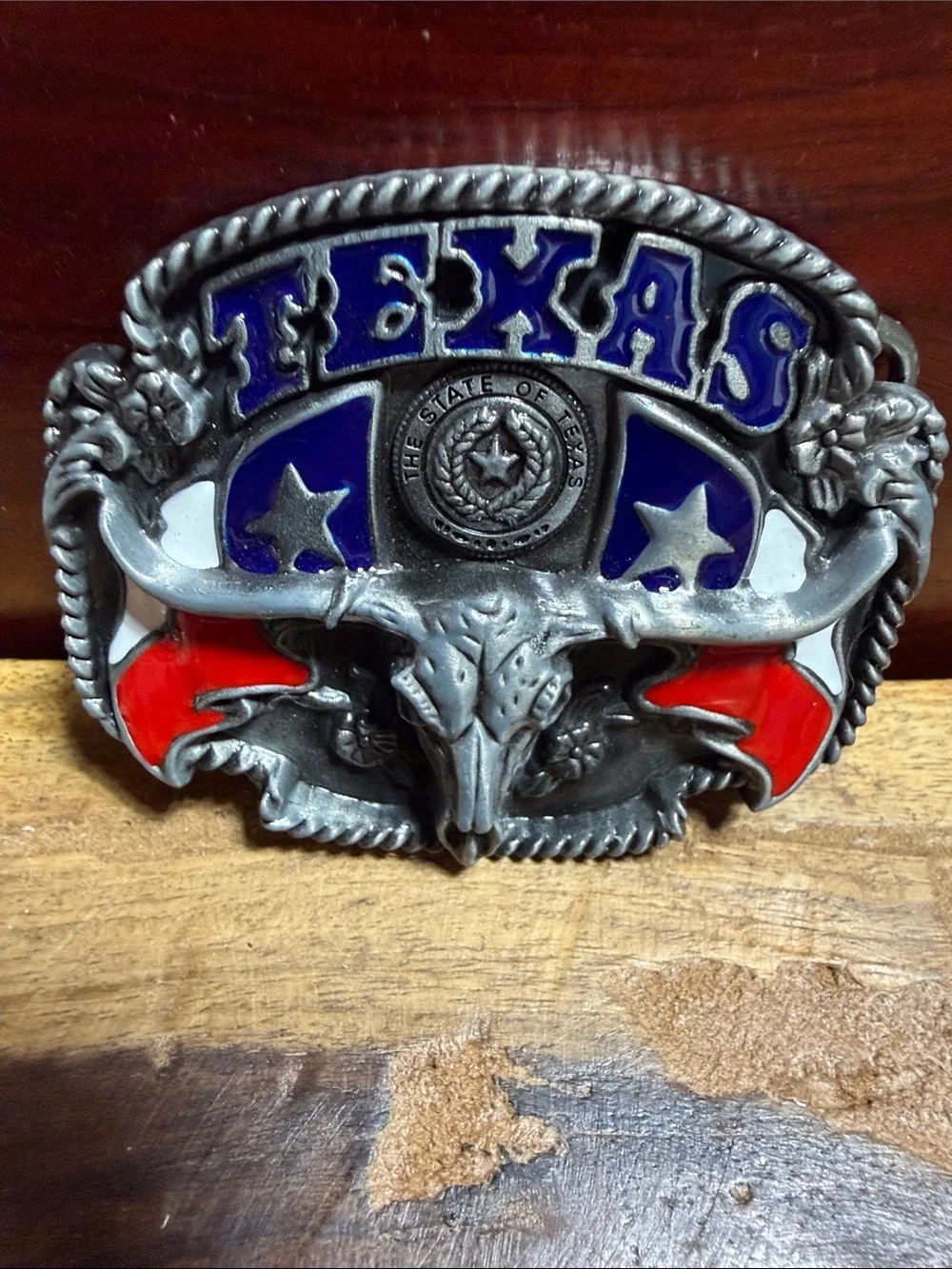 Texas Longhorn Enamel Belt Buckle – Red & Blue Accent